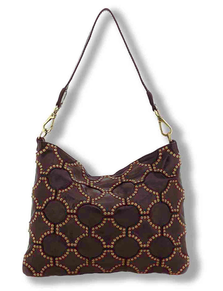 Borsa a tracolla donna in pelle di vacchetta tinta in capo con borchie vinaccia C045790ND X3112 C3503 Campomaggi 