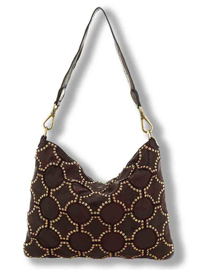 Borsa a tracolla donna in pelle di vacchetta tinta in capo con borchie vinaccia C045790ND X3112 C3503 Campomaggi 