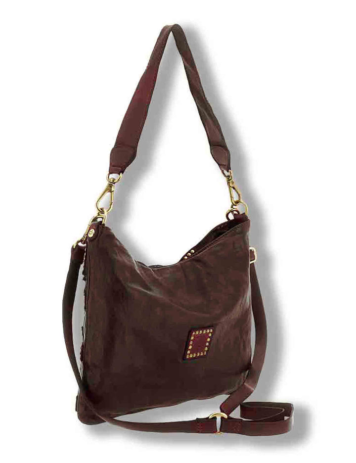 Borsa a tracolla donna in pelle di vacchetta tinta in capo con borchie vinaccia C045790ND X3112 C3503 Campomaggi 
