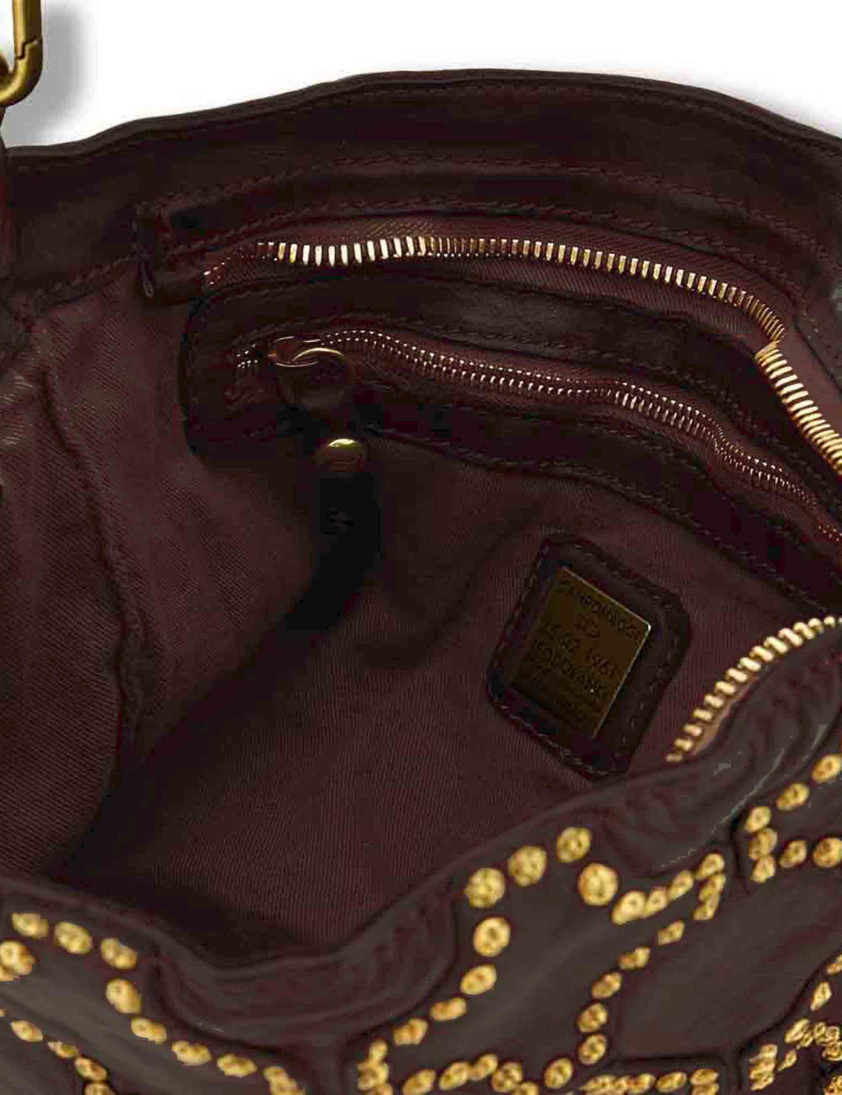 Borsa a tracolla donna in pelle di vacchetta tinta in capo con borchie vinaccia C045790ND X3112 C3503 Campomaggi 