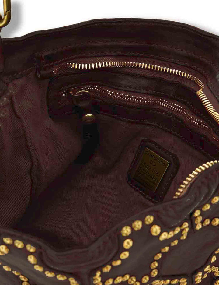 Borsa a tracolla donna in pelle di vacchetta tinta in capo con borchie vinaccia C045790ND X3112 C3503 Campomaggi 