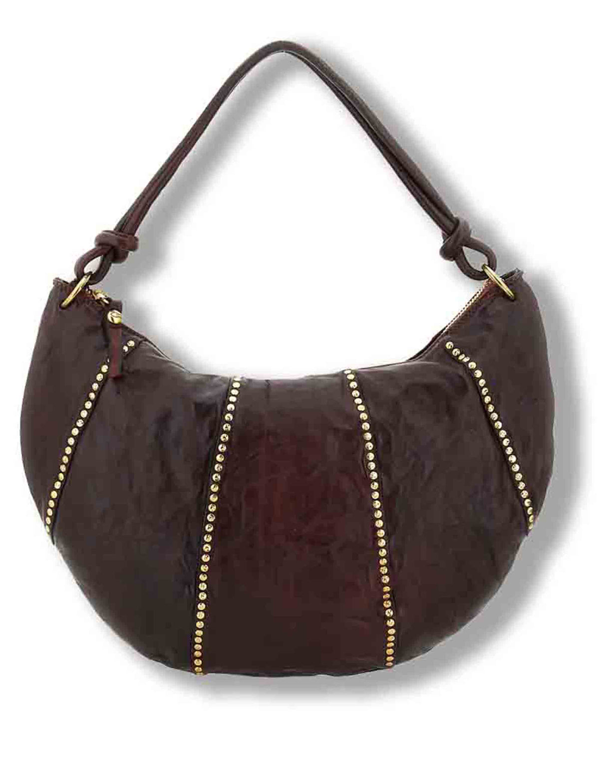 Borsa a spalla donna in pelle di vacchetta tinta in capo con borchie moro C045930ND X0007 C1501 Campomaggi 
