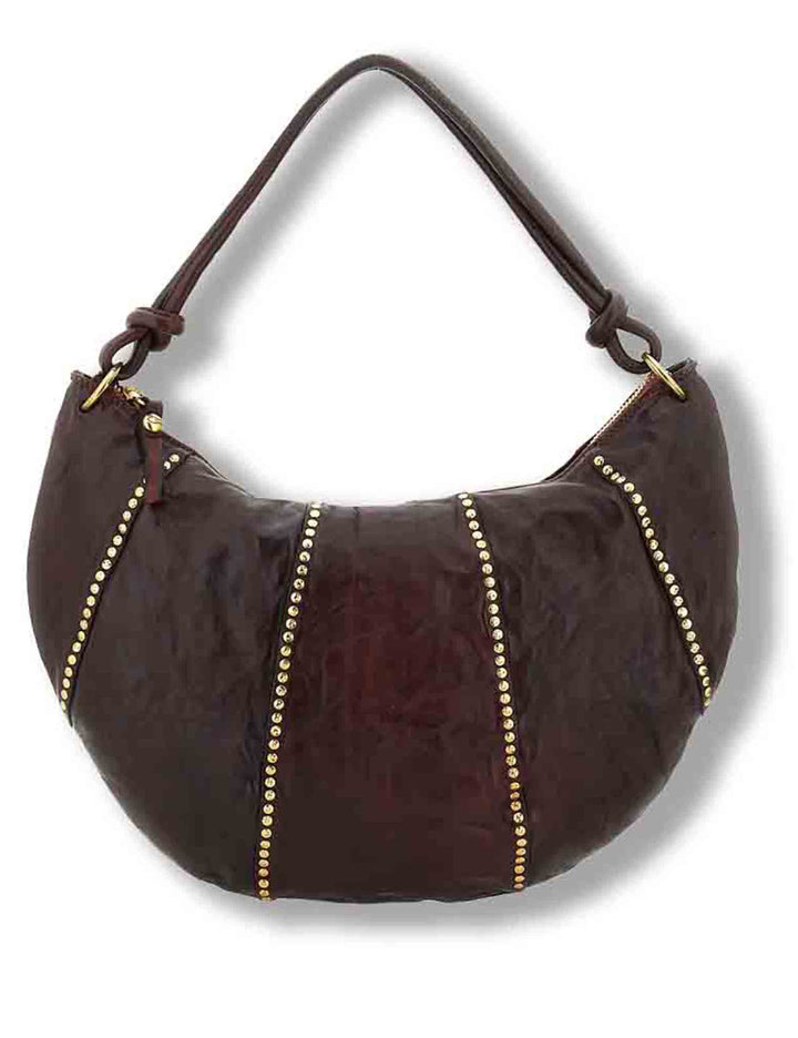 Borsa a spalla donna in pelle di vacchetta tinta in capo con borchie moro C045930ND X0007 C1501 Campomaggi 