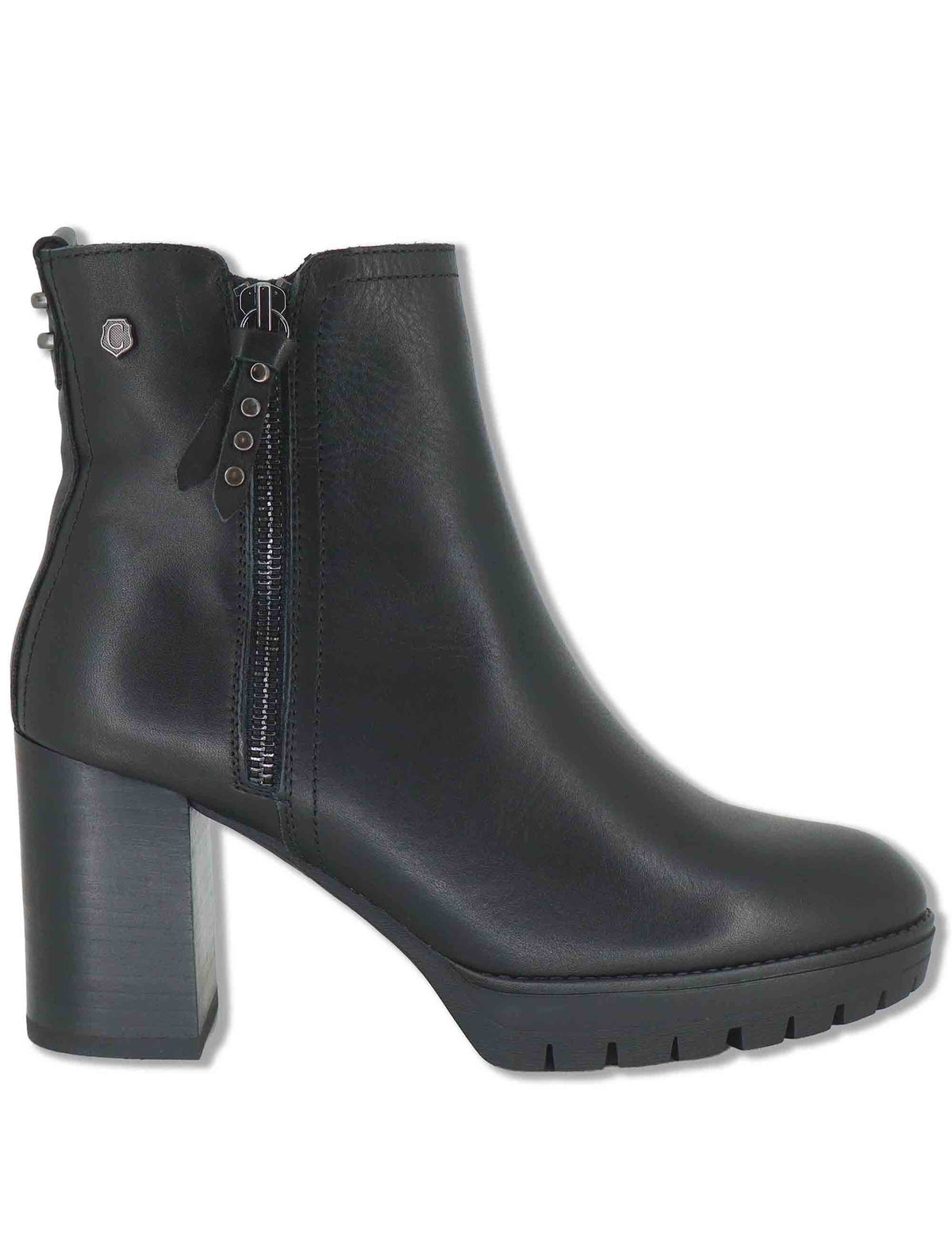 Stivaletti donnain pelle nera con borchiette tacco alto plateau e punta tonda 164283 01 Carmela 