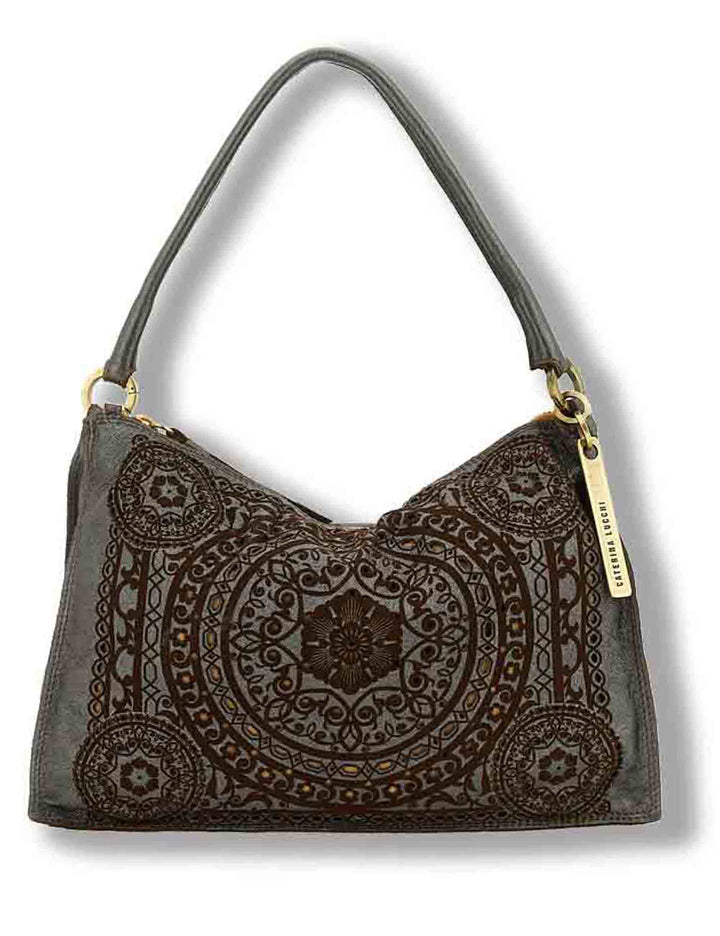 Borsa a tracolla donna Alida antracite in pelle di vitello laminato laserato L013770ND X3201 F0580 Caterina Lucchi 