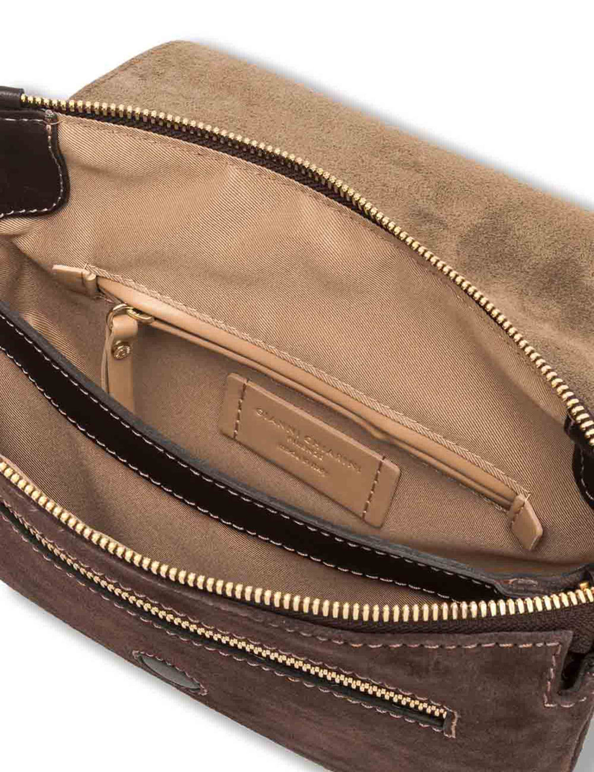 Borsa Three piccola donna in pelle scamosciata marrone con zip a contrasto e tracolla BS12294 COMMCM-PL_974 Gianni Chiarini 