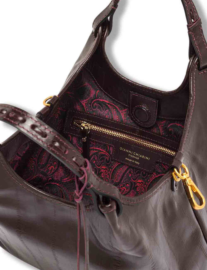 Borsa Dua media donna in pelle effetto anguilla bordeaux con doppi manici e fodera paisley BS12679 EEL-PSLY_14601 Gianni Chiarini 