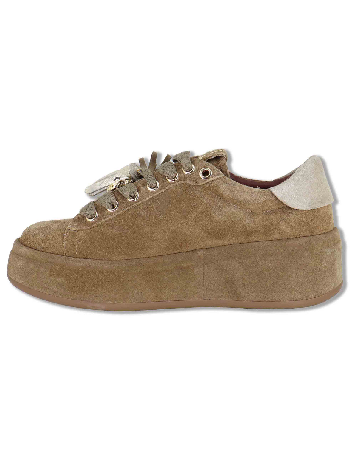 Sneakers donna in camoscio taupe con zeppa in tono charms removibili e punta tonda OLIVIA 150 Gio + 