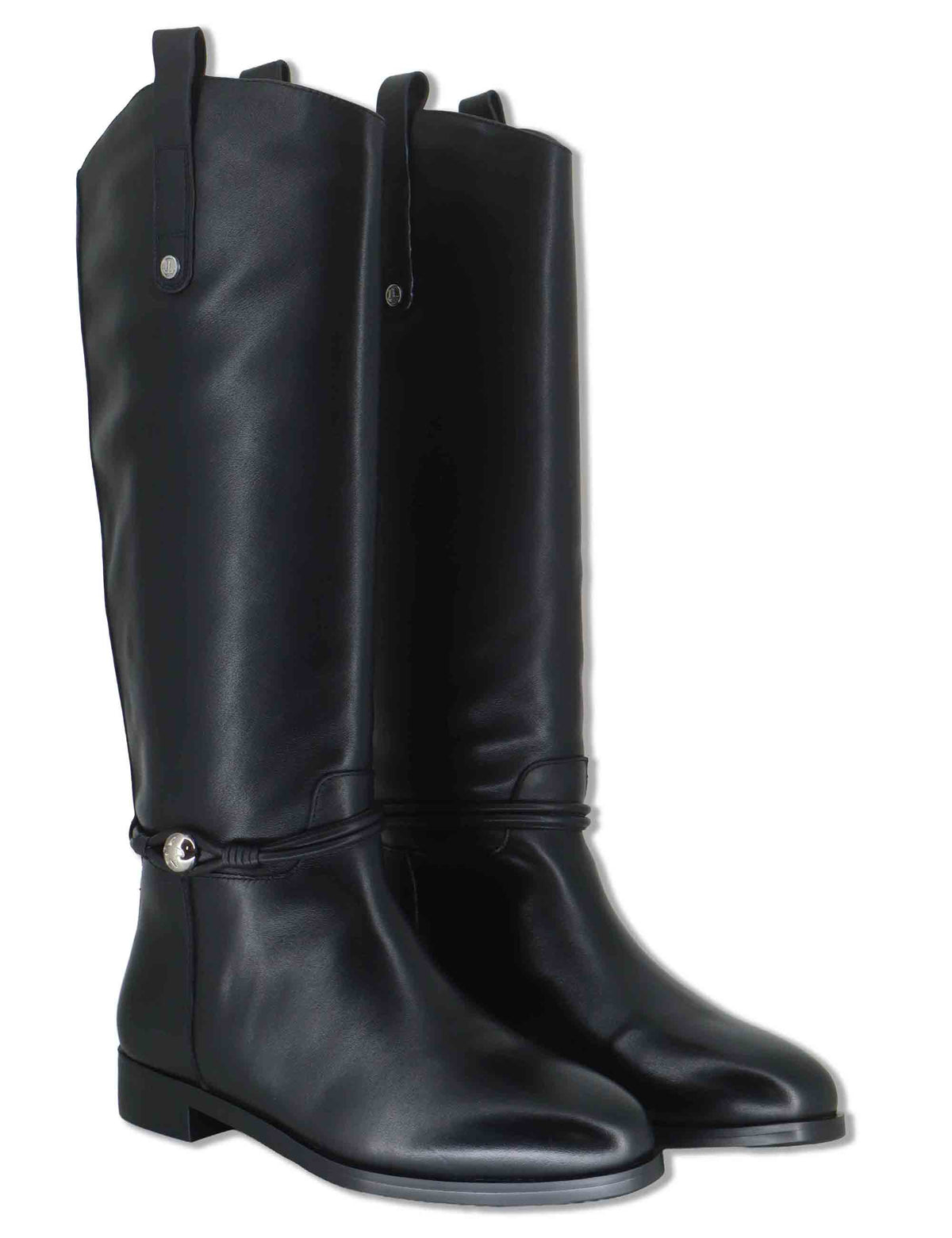 Stivali a tubo donna in pelle nera con cinturino alla caviglia tacco basso e punta tonda J1142 001 Janet & Janet 