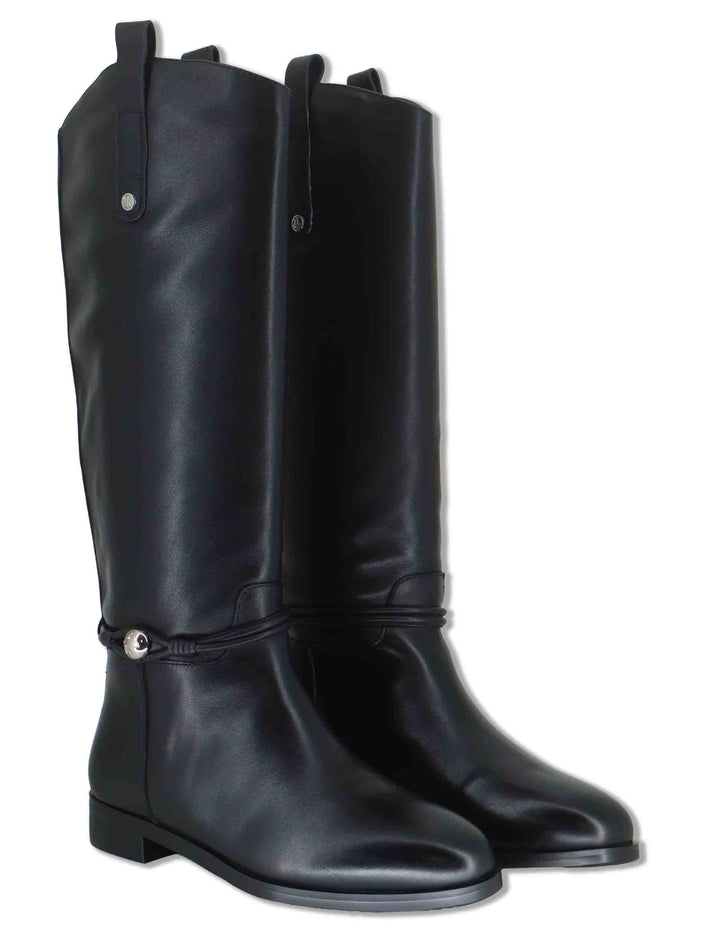 Stivali a tubo donna in pelle nera con cinturino alla caviglia tacco basso e punta tonda J1142 001 Janet & Janet 