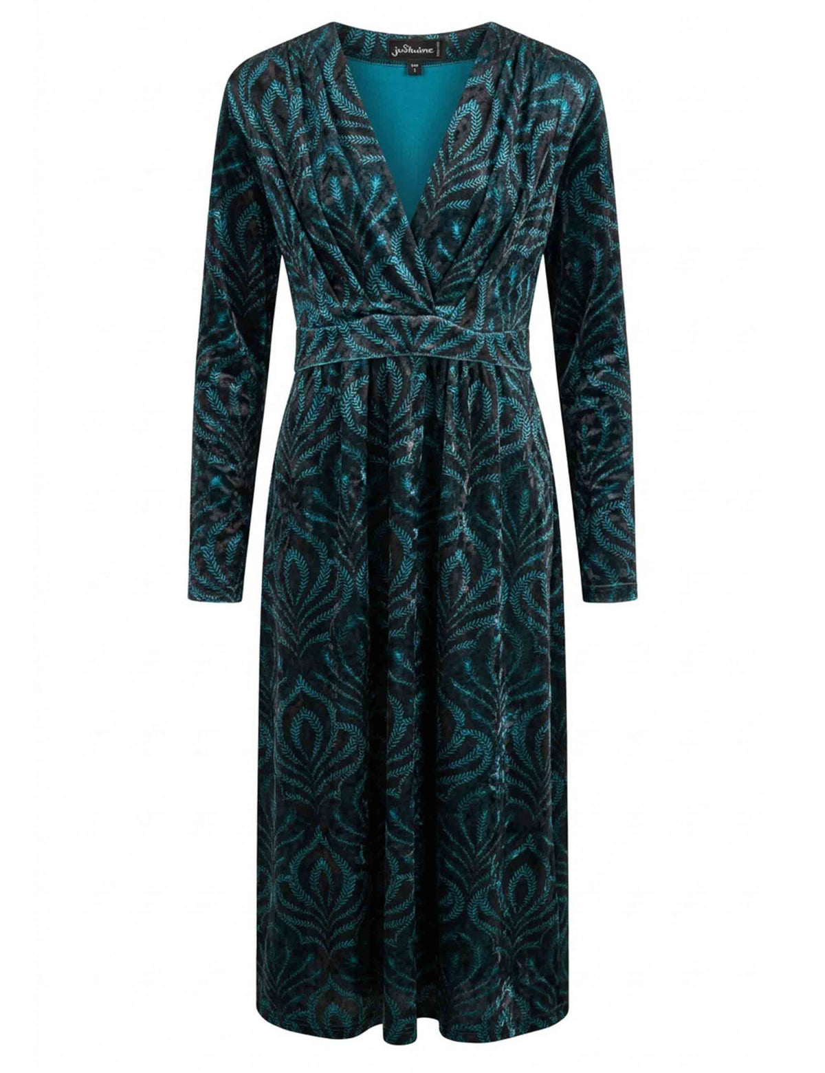 Abito donna lungo in velluto deco con decori turchesi e drappeggiato al seno JABAB0002-F1578 1307 7051 Justmine 