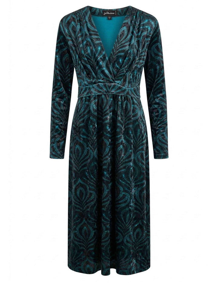 Abito donna lungo in velluto deco con decori turchesi e drappeggiato al seno JABAB0002-F1578 1307 7051 Justmine 