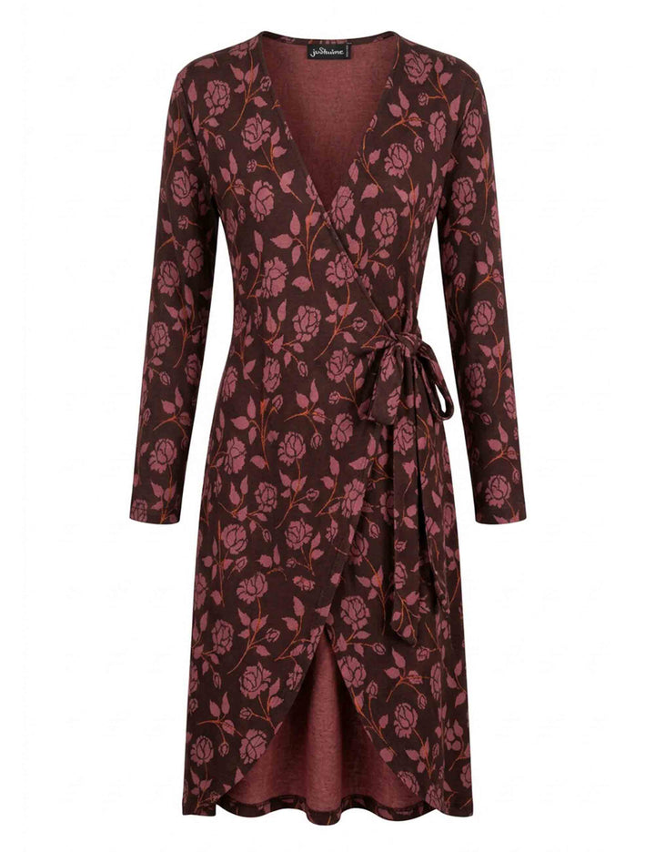 Abito donna lungo in tessuto Ramage bordeaux con cintura e scollo al seno JABAB0002-F1579 1301 3102 Justmine 
