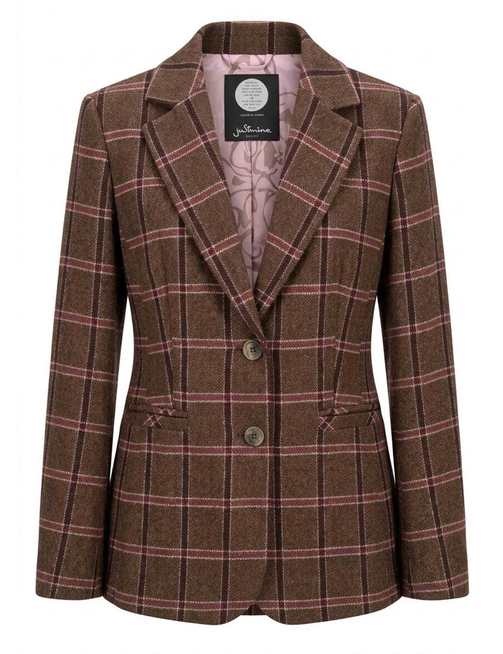 Giacca blazer donna misto lana fantasia tartan marrone monopetto JABGA0002-F1364 1316 5228 Justmine 