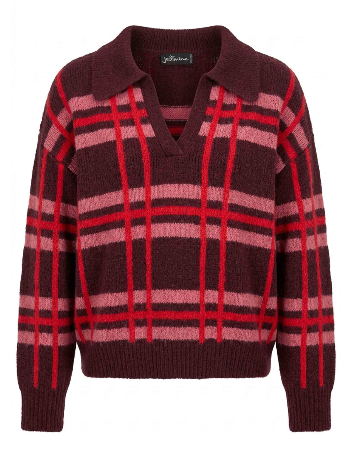 Maglia donna Knit Check rosso in alpaca quarter-zip con fantasia check JABMF0002-G112 1287 4187 Justmine 