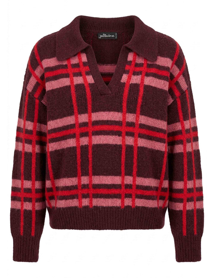 Maglia donna Knit Check rosso in alpaca quarter-zip con fantasia check JABMF0002-G112 1287 4187 Justmine 