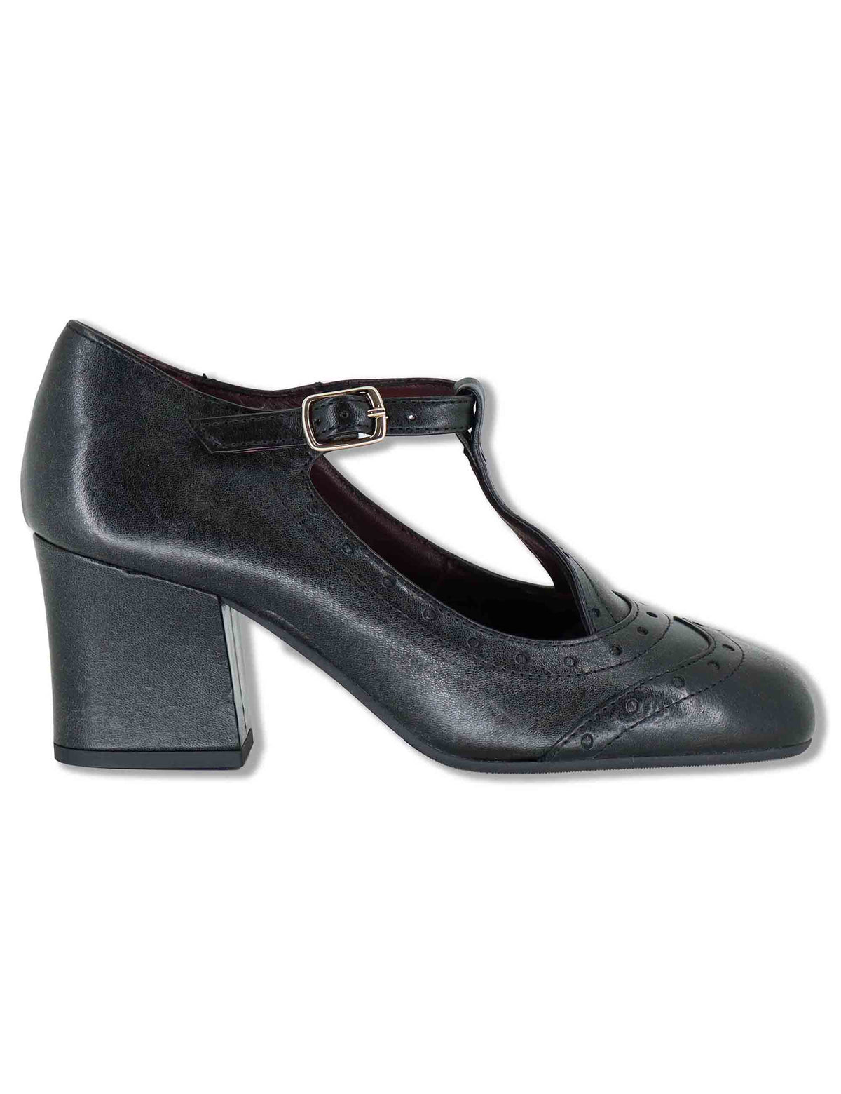 Decollete Mary Jane donna in pelle nera con cinturino fibbia tacco comodo e punta tonda 5133P 001 Les Venues 