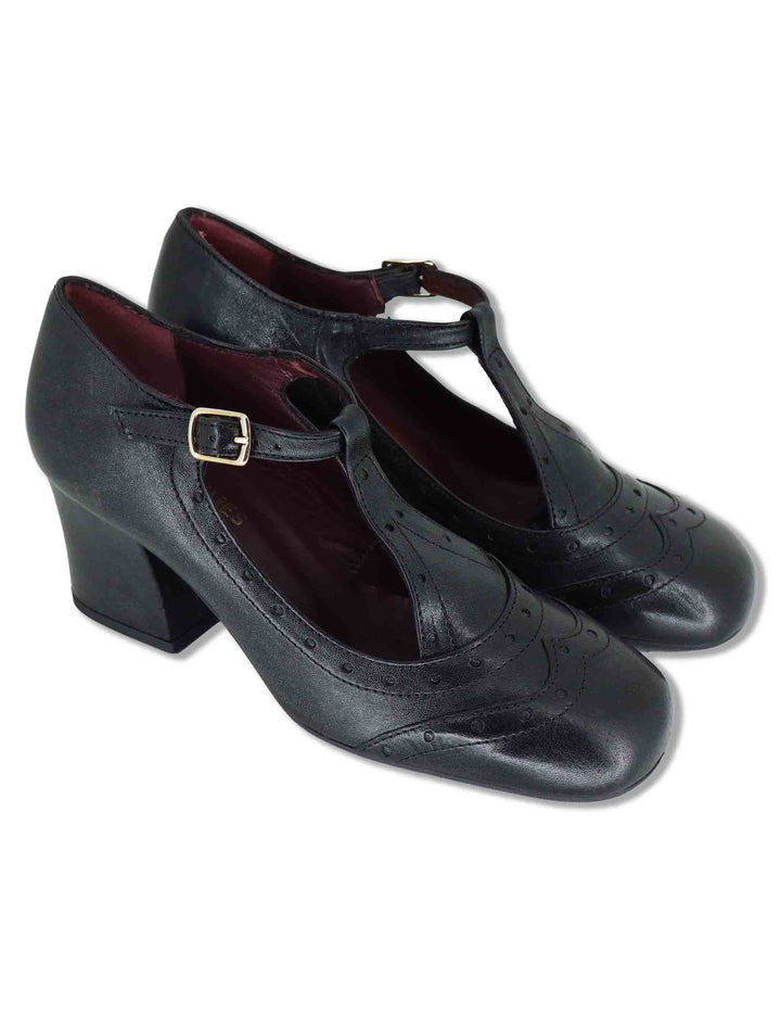 Decollete Mary Jane donna in pelle nera con cinturino fibbia tacco comodo e punta tonda 5133P 001 Les Venues 
