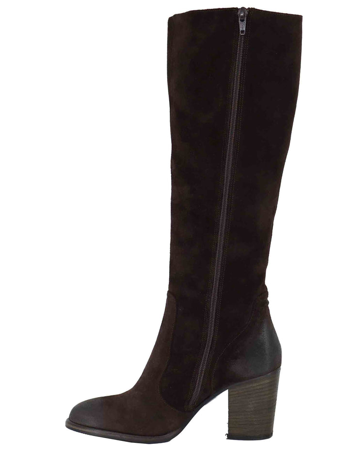 Stivali donna in camoscio vintage marrone con tacco cuoio alto e zip interna 9780 014 Les Venues 