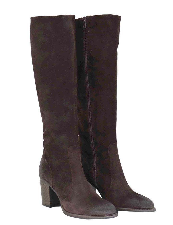 Stivali donna in camoscio vintage marrone con tacco cuoio alto e zip interna 9780 014 Les Venues 