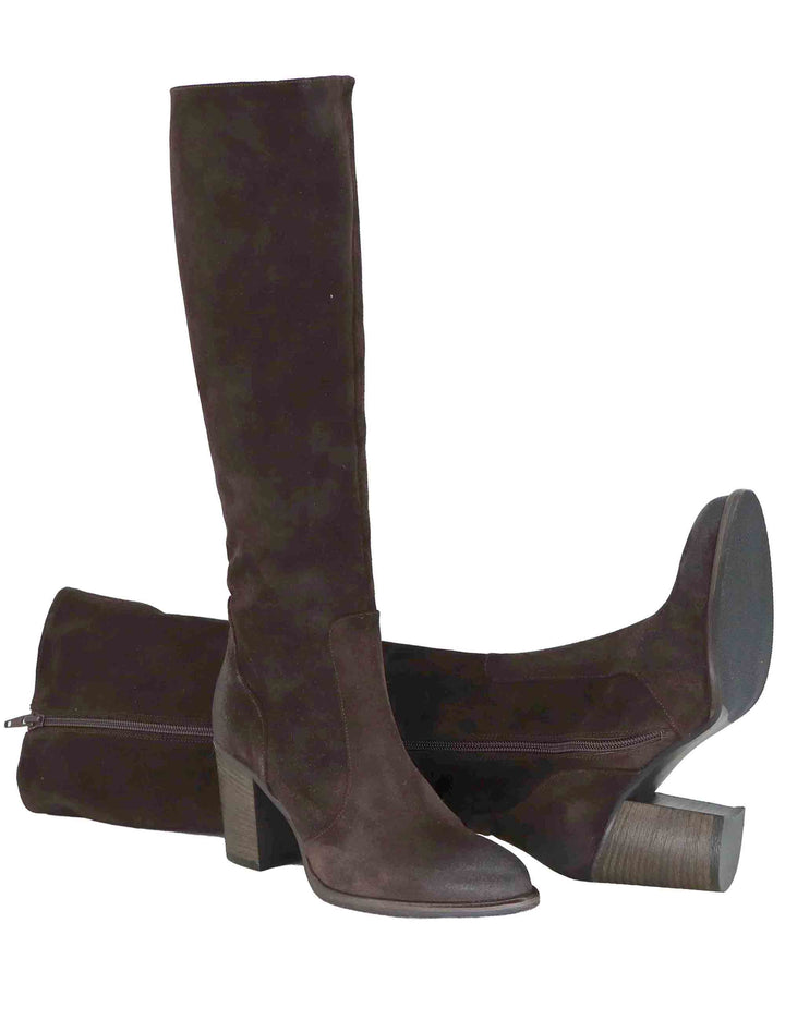 Stivali donna in camoscio vintage marrone con tacco cuoio alto e zip interna 9780 014 Les Venues 