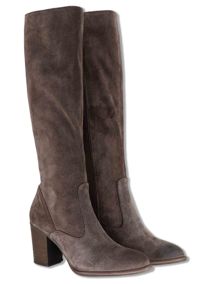 Stivali donna in camoscio taupe con tacco cuoio alto e zip interna 9781TR 032 Les Venues 