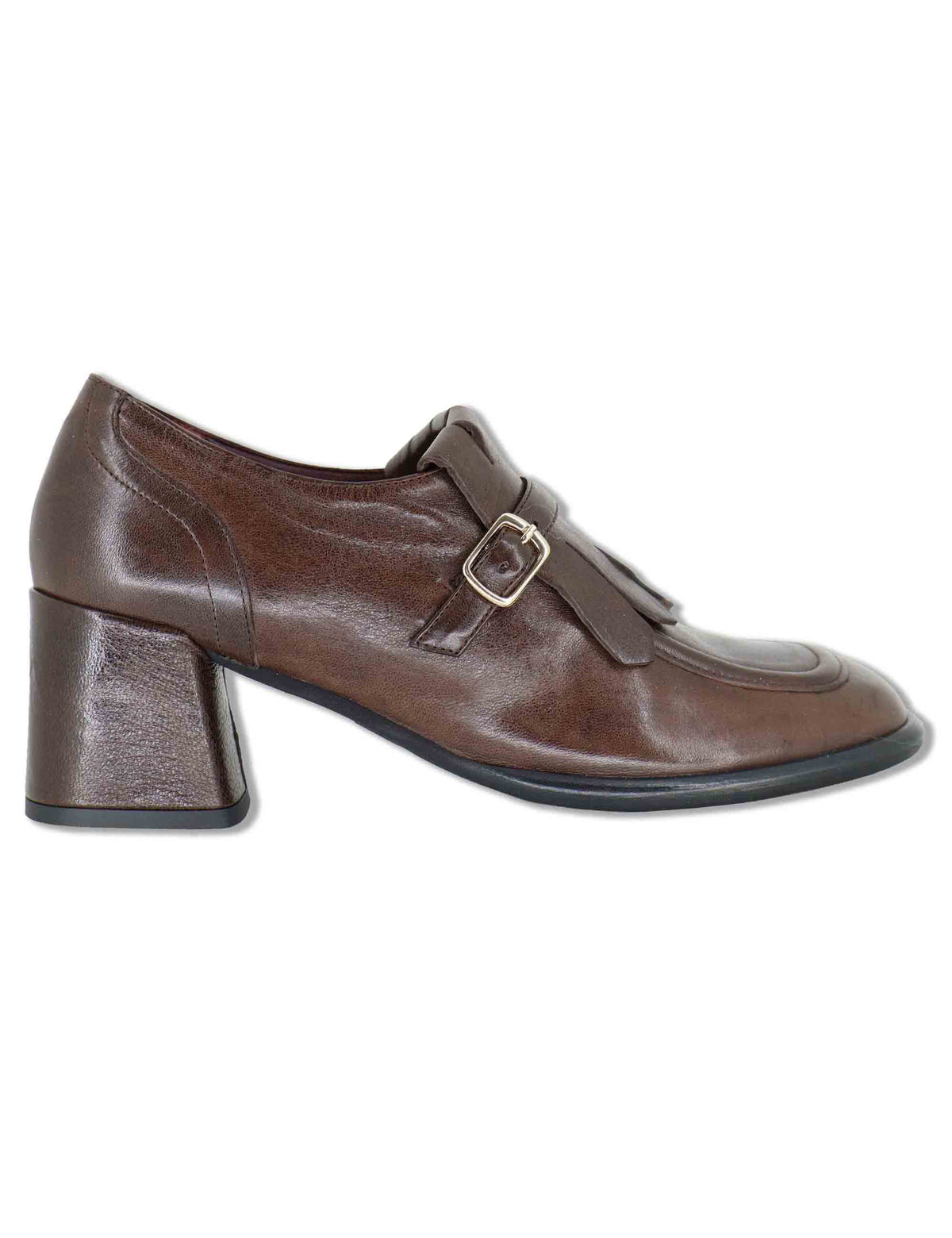 Mocassini donna in pelle marrone con frange punta tonda e tacco comodo E602/L 014 Les Venues 
