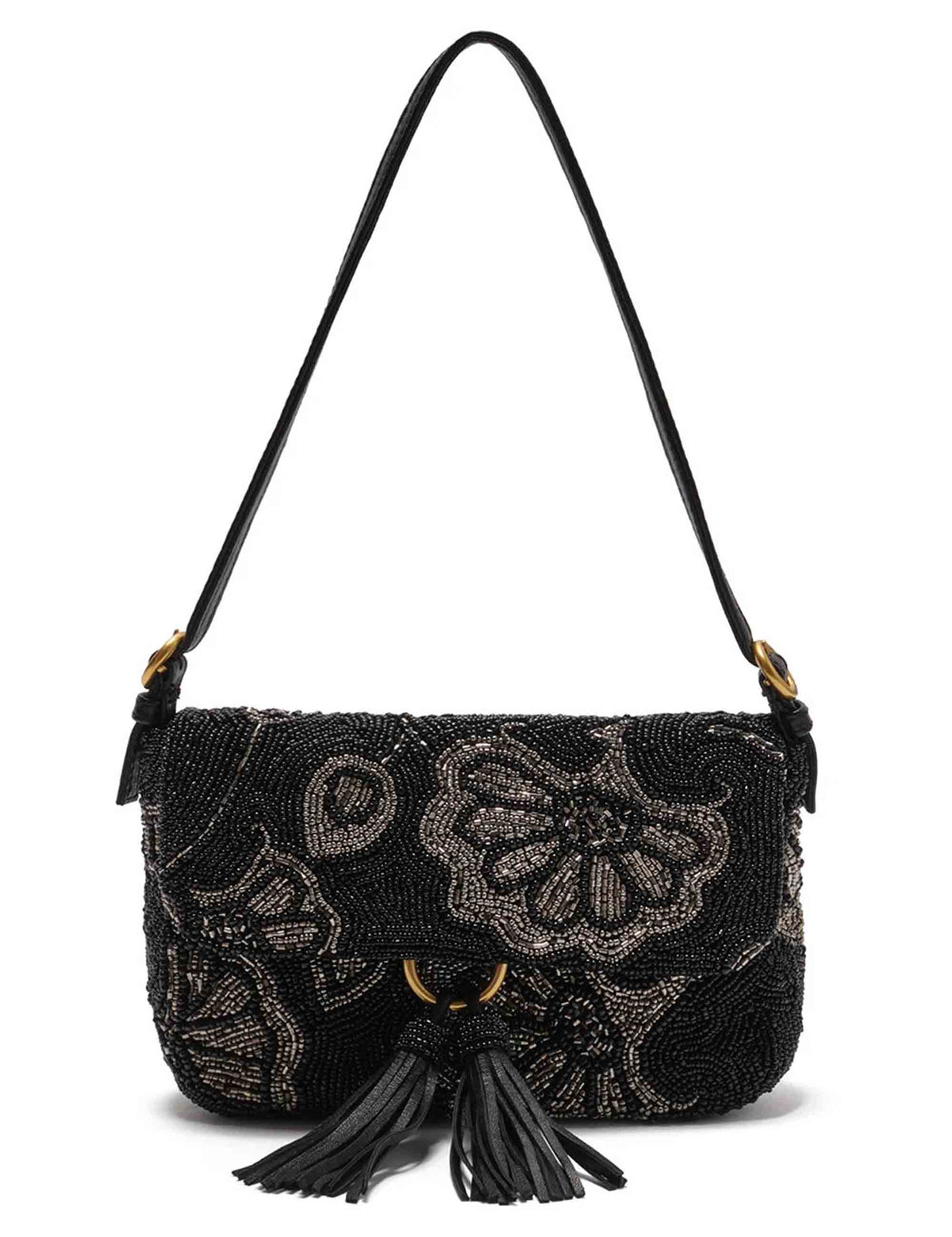 Baguette donna Blossom Embroidery ricamata a mano con perline e motivo floreale argento e nero BT001190957 A9601 Maliparmi 