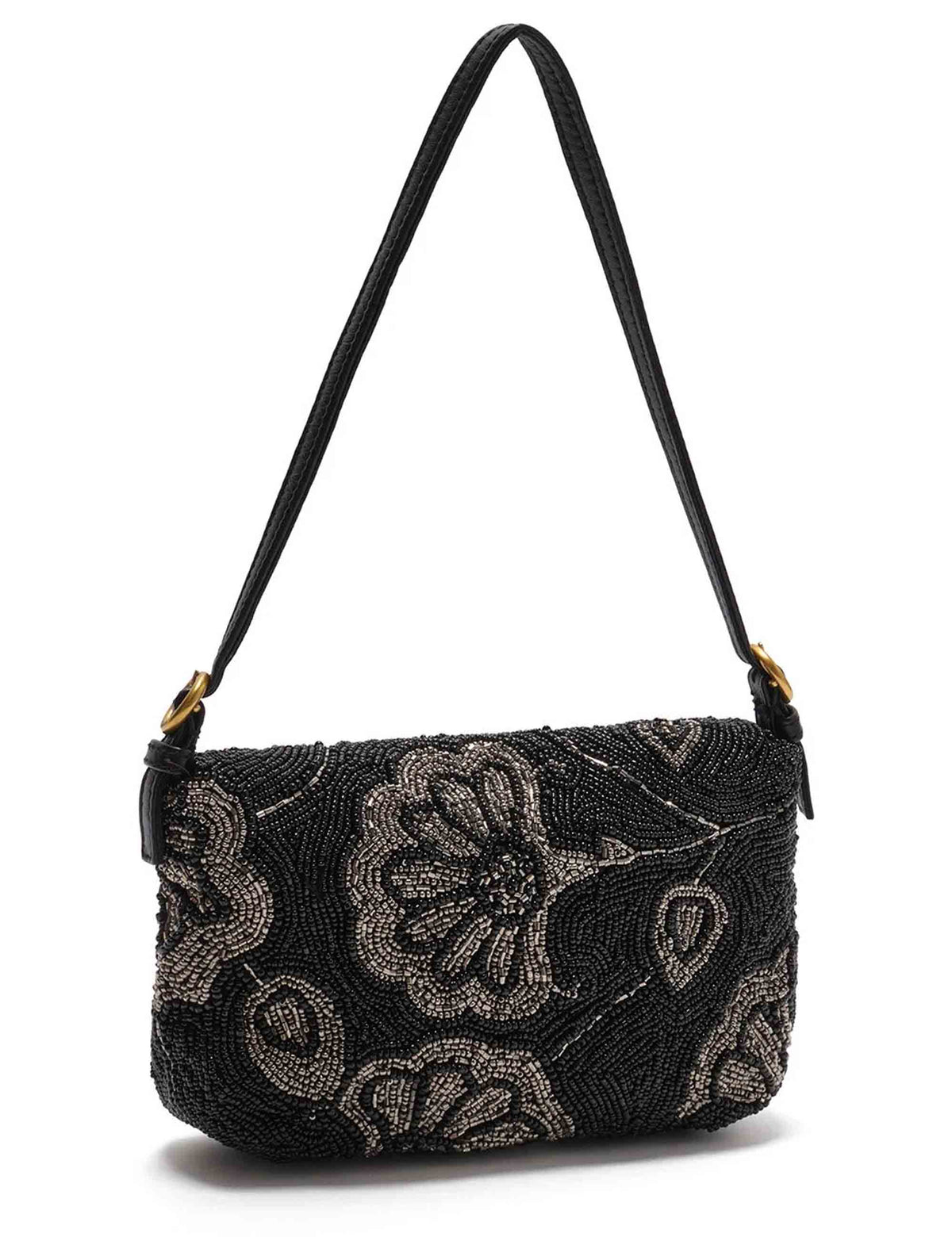 Baguette donna Blossom Embroidery ricamata a mano con perline e motivo floreale argento e nero BT001190957 A9601 Maliparmi 