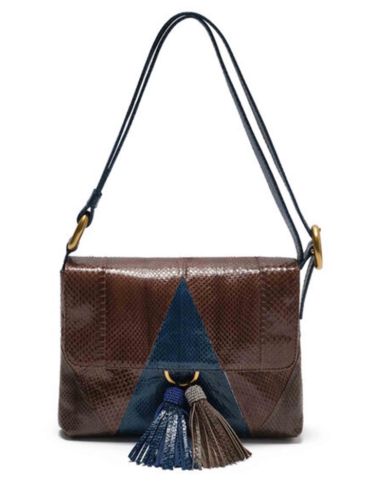 Baguette Patchwork Spirit donna in pelle biscia dacqua marrone multicolore con nappine BT001501575 80B21 Maliparmi 