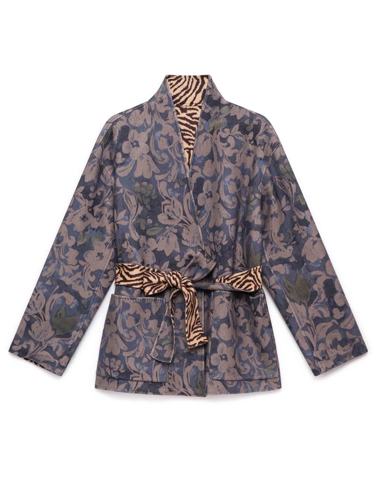 Giacca reversibile donna Double Trouble in misto lana fantasia floreale beige e blu JA536420292 C1214 Maliparmi 