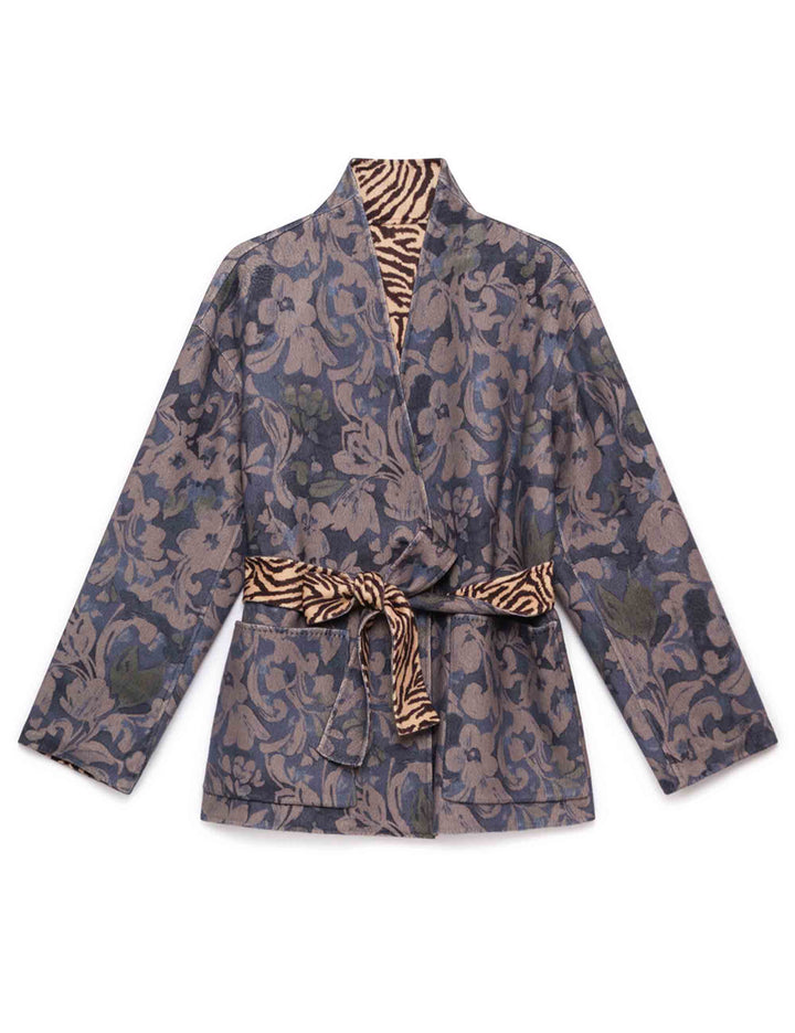 Giacca reversibile donna Double Trouble in misto lana fantasia floreale beige e blu JA536420292 C1214 Maliparmi 