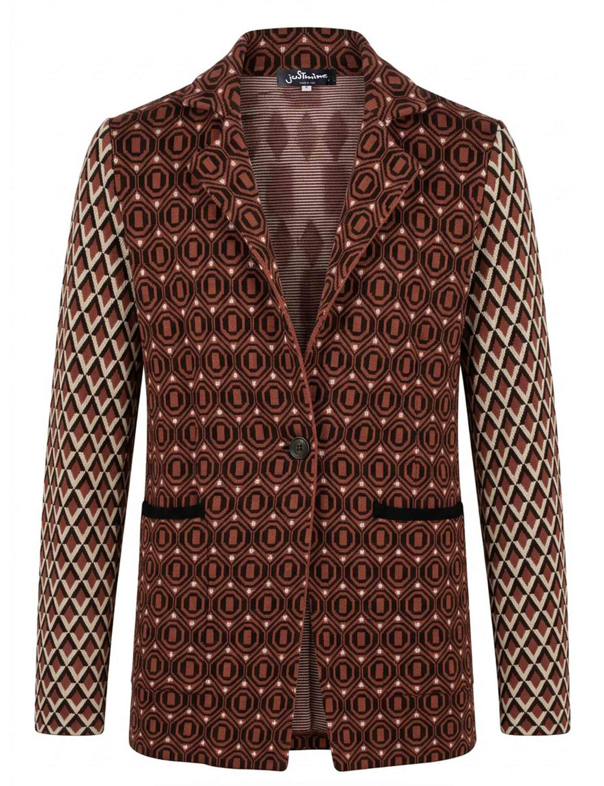 Blazer lungo donna Jacquard Comfort marrone fantasia geometrica in fibra Ecovero JD649678219 B2074 Maliparmi 
