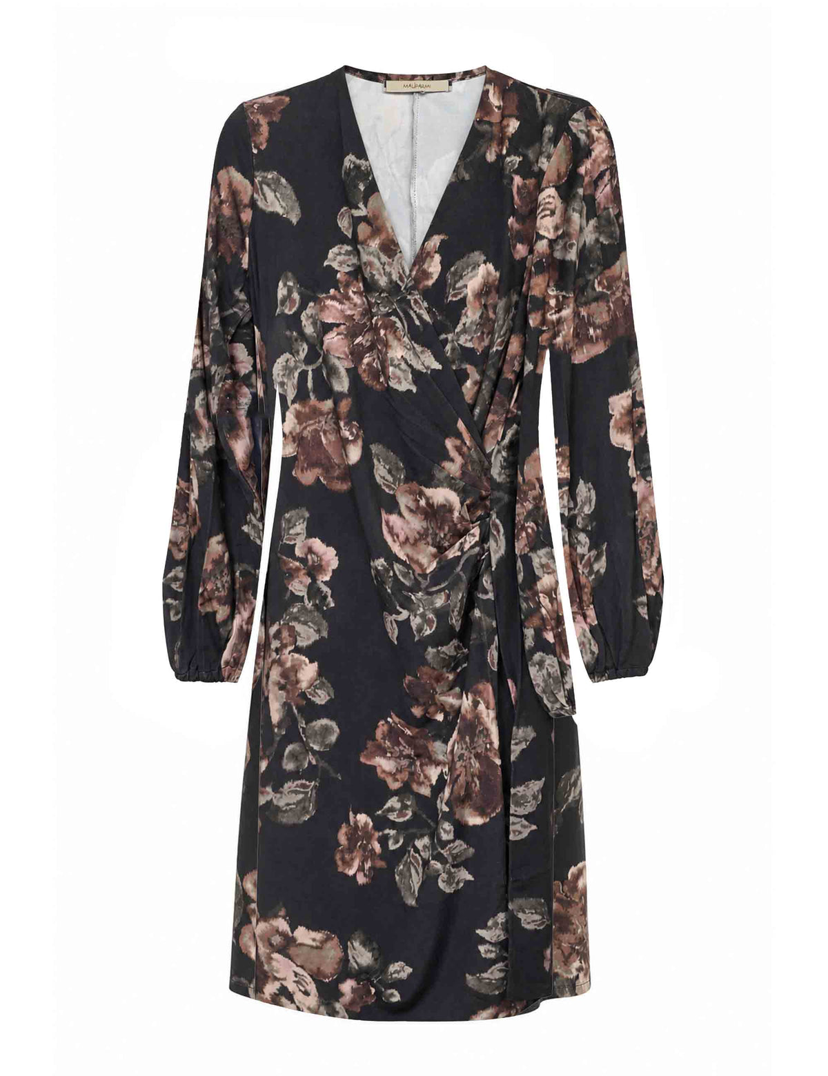 Abito donna Frosted Blossom marrone fantasia floreale con scollo wrap e maniche a palloncino JF680370680 C4079 Maliparmi 