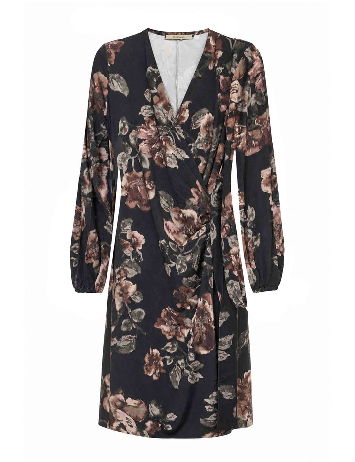 Abito donna Frosted Blossom marrone fantasia floreale con scollo wrap e maniche a palloncino JF680370680 C4079 Maliparmi 