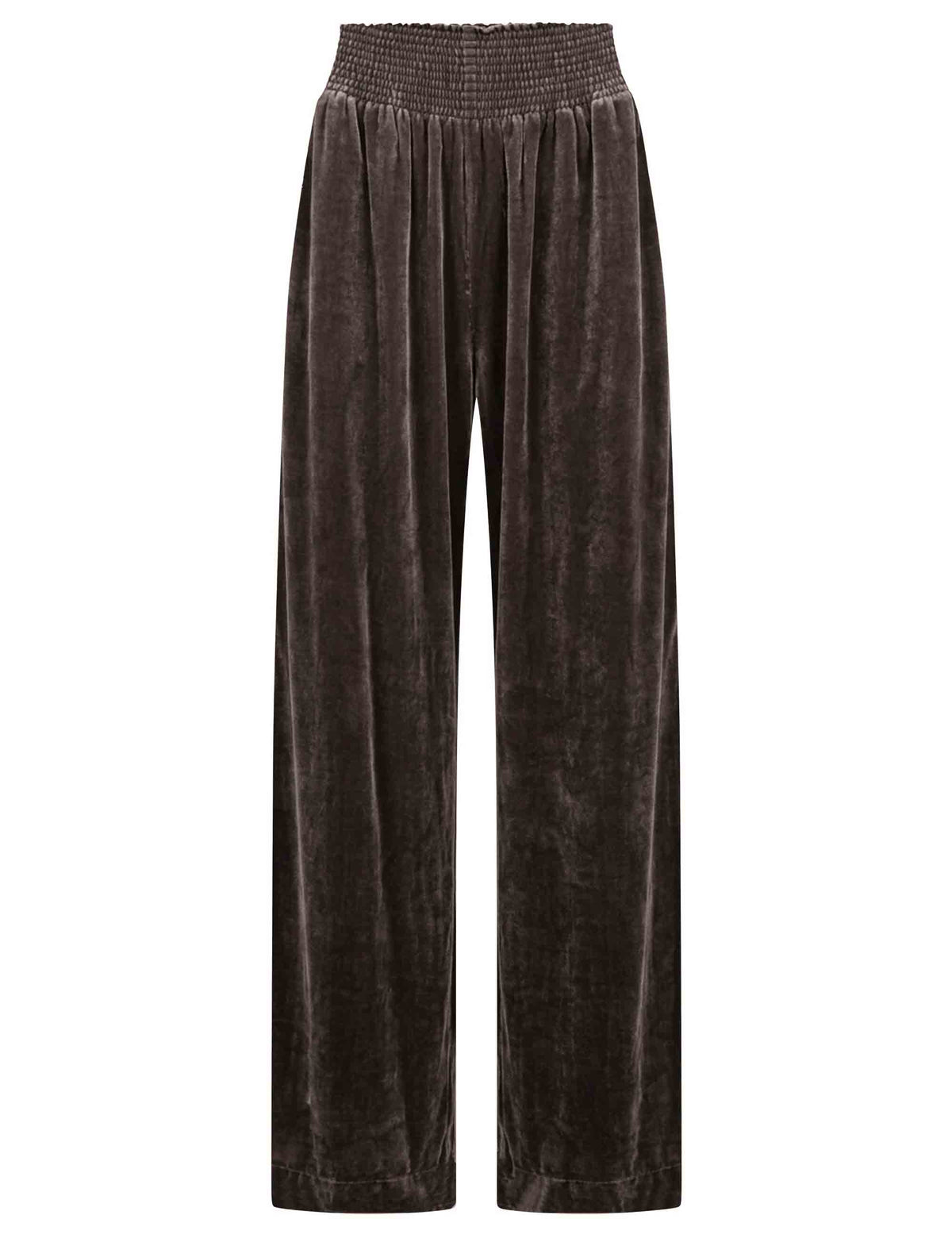 Pantalone donna Velvet Flow marrone in velluto e seta con vita smock e linea dritta JH809362026 40010 Maliparmi 