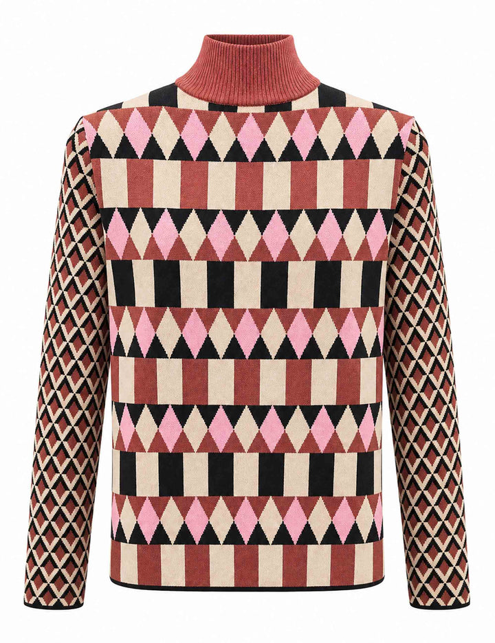 Maglia dolcevita donna Jacquard Comfort marrone e beige fantasia geometrica JQ513478219 C4084 Maliparmi 