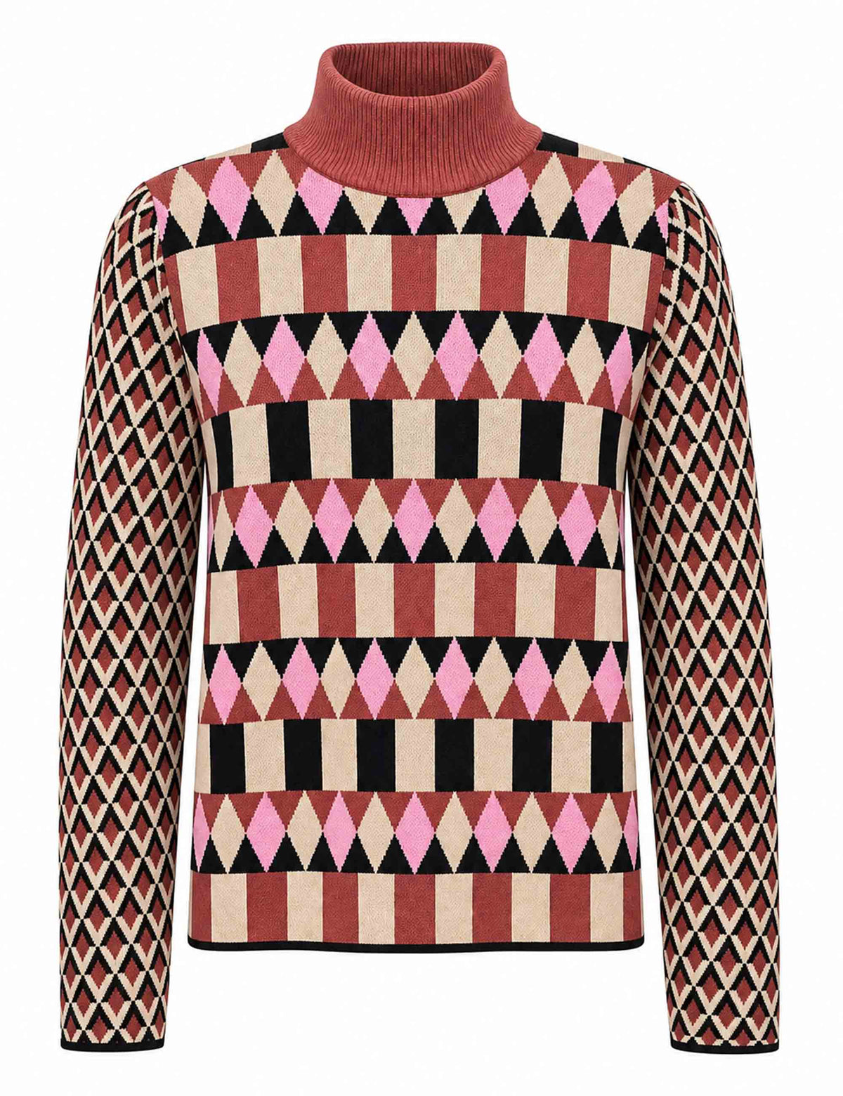 Maglia dolcevita donna Jacquard Comfort marrone e beige fantasia geometrica JQ513478219 C4084 Maliparmi 