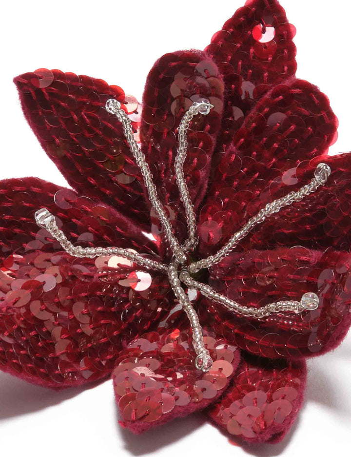 Spilla donna Precious Flower bordeaux ricamata a mano con paillettes e perle in vetro bordeaux TS012791282 33000 Maliparmi 