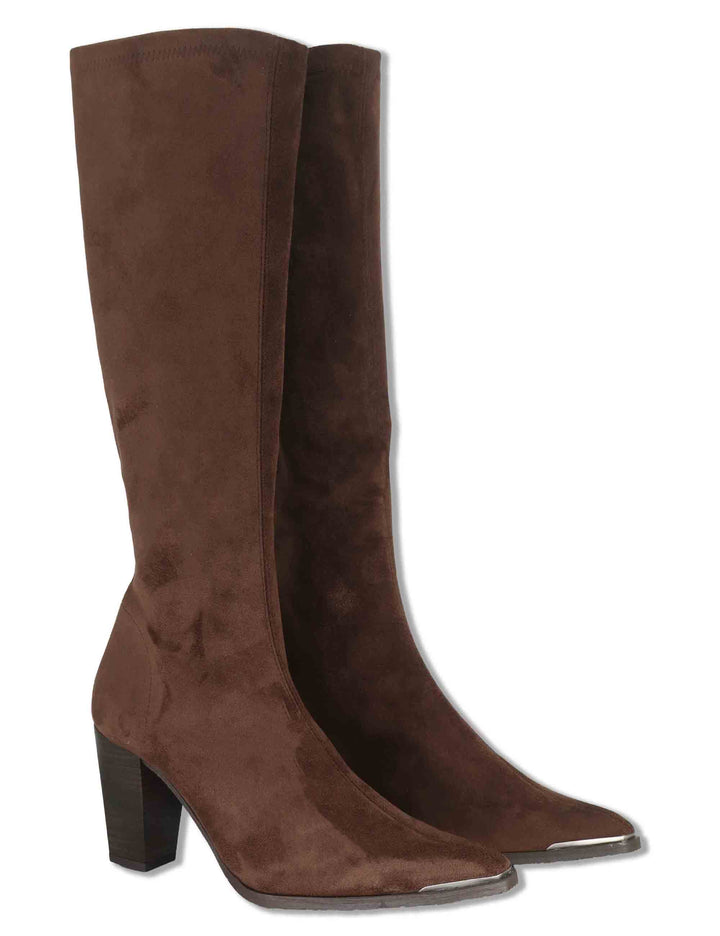 Stivali donna in eco camoscio elasticizzato marrone con tacco alto punta a punta e gambale sopra al ginocchio 75385 51 Miss Elastic 