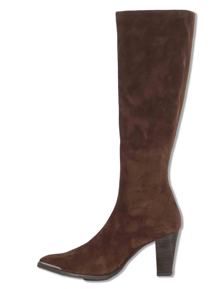 Stivali donna in eco camoscio elasticizzato marrone con tacco alto punta a punta e gambale sopra al ginocchio 75385 51 Miss Elastic 