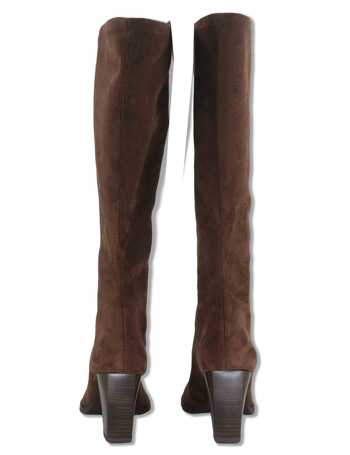 Stivali donna in eco camoscio elasticizzato marrone con tacco alto punta a punta e gambale sopra al ginocchio 75385 51 Miss Elastic 