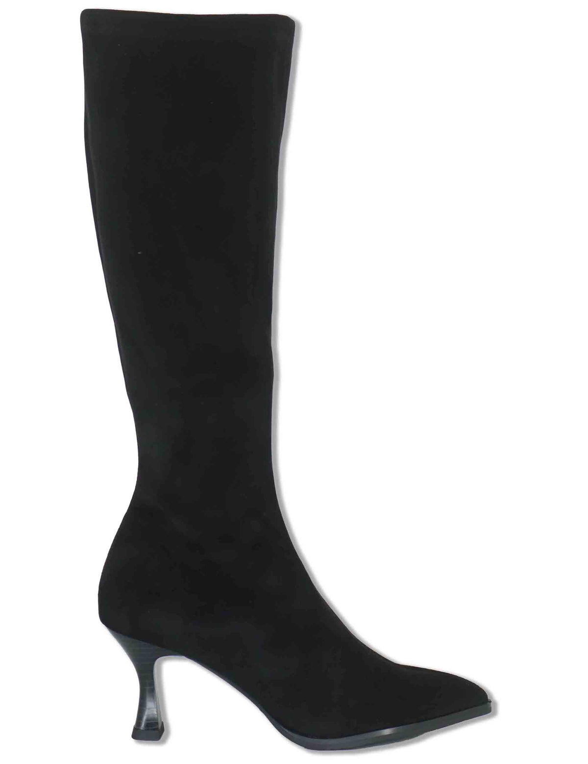 Stivali donna in eco camoscio elasticizzato nero con tacco alto punta a punta e gambale sopra al ginocchio 78038 05 Miss Elastic 