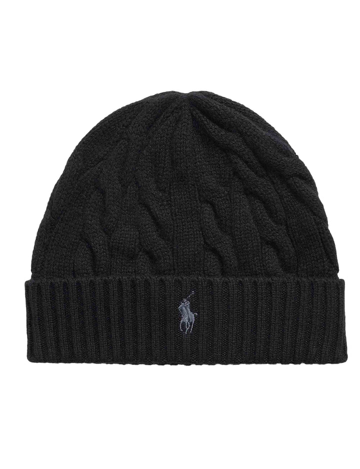 Berretto in lana e cashmere a trecce marrone con pony ricamato 710B23668003 BLACK Polo Ralph Lauren 
