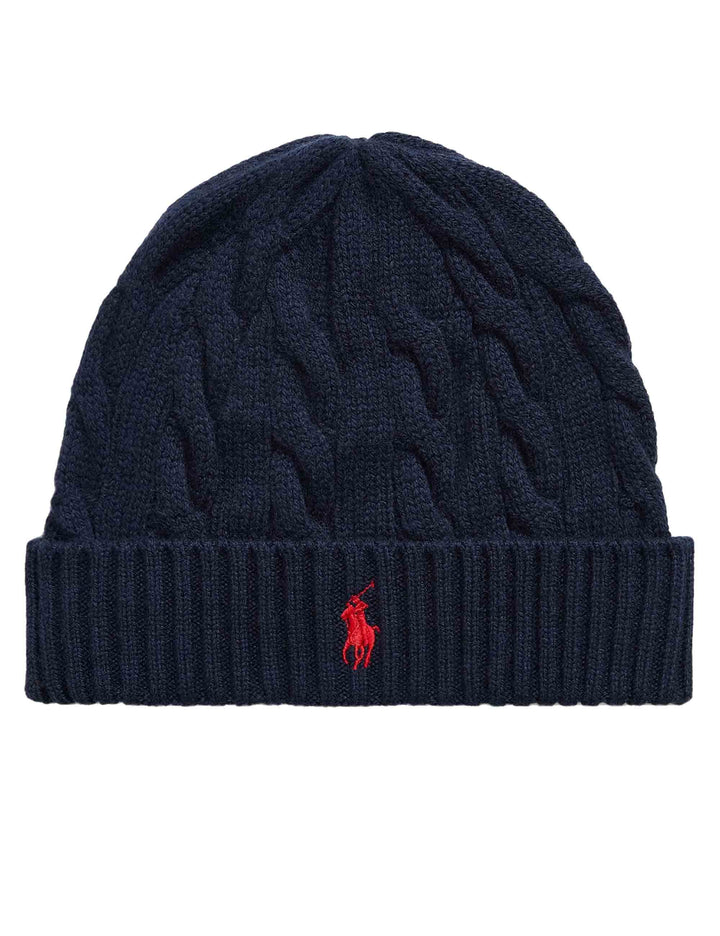 Berretto in lana e cashmere a trecce blu con pony ricamato 710B23668003 BLUE Polo Ralph Lauren 