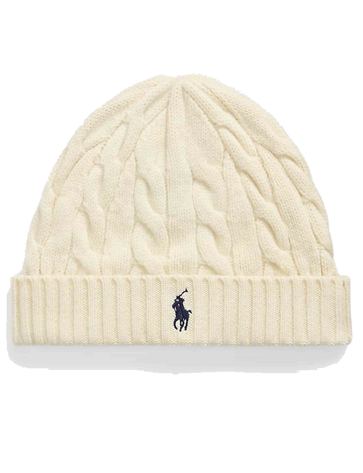 Berretto in lana e cashmere a trecce off white con pony ricamato 710B23668003 CREAM Polo Ralph Lauren 