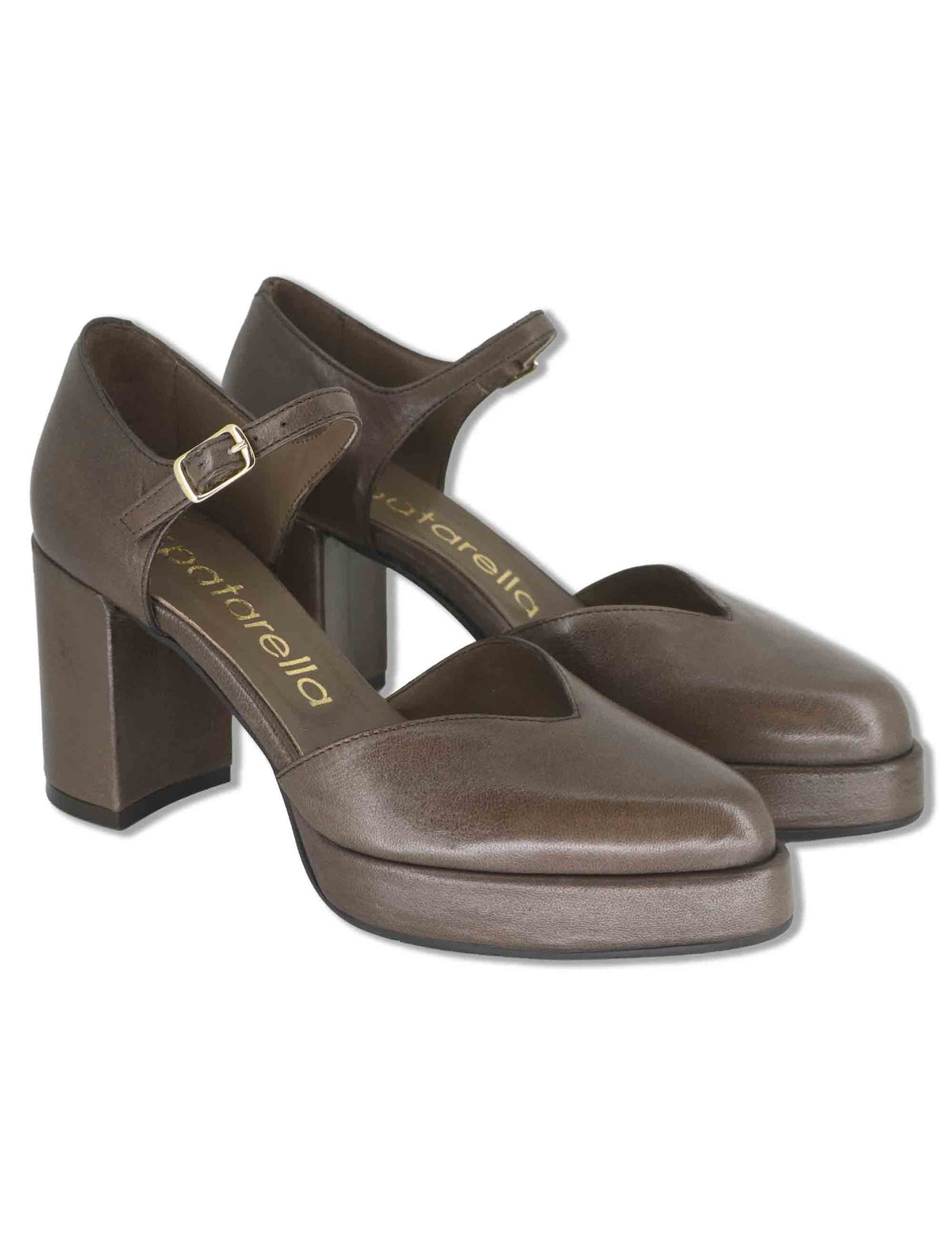 Decollete donna in pelle taupe con cinturino regolabile tacco alto plateau e punta a punta SP2346 029 Spatarella 