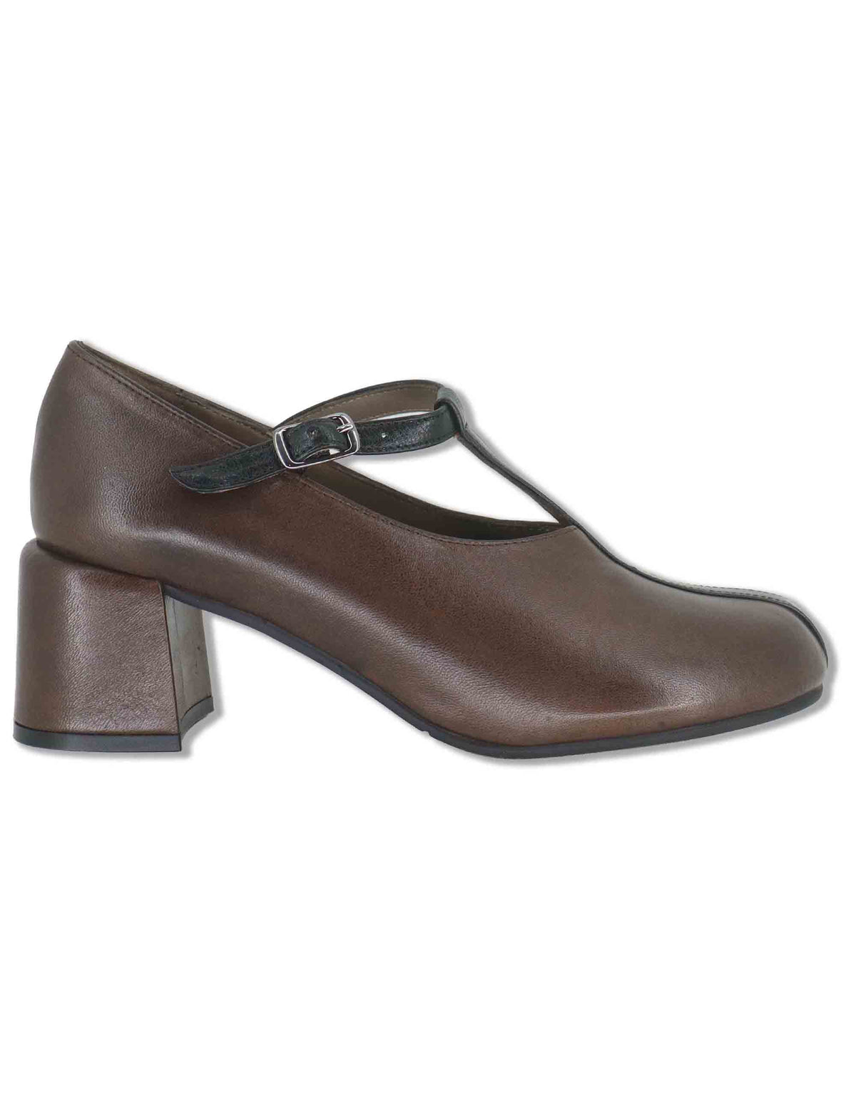 Decollete donna in pelle marrone con cinturino nero tacco fasciato e punta tonda SP2608 014 Spatarella 