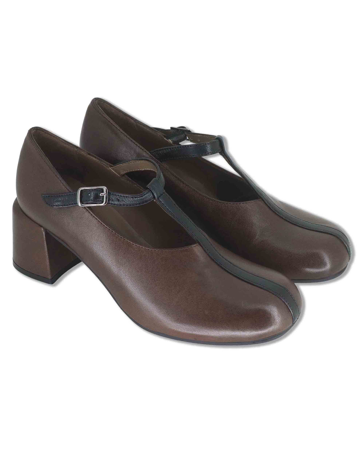 Decollete donna in pelle marrone con cinturino nero tacco fasciato e punta tonda SP2608 014 Spatarella 