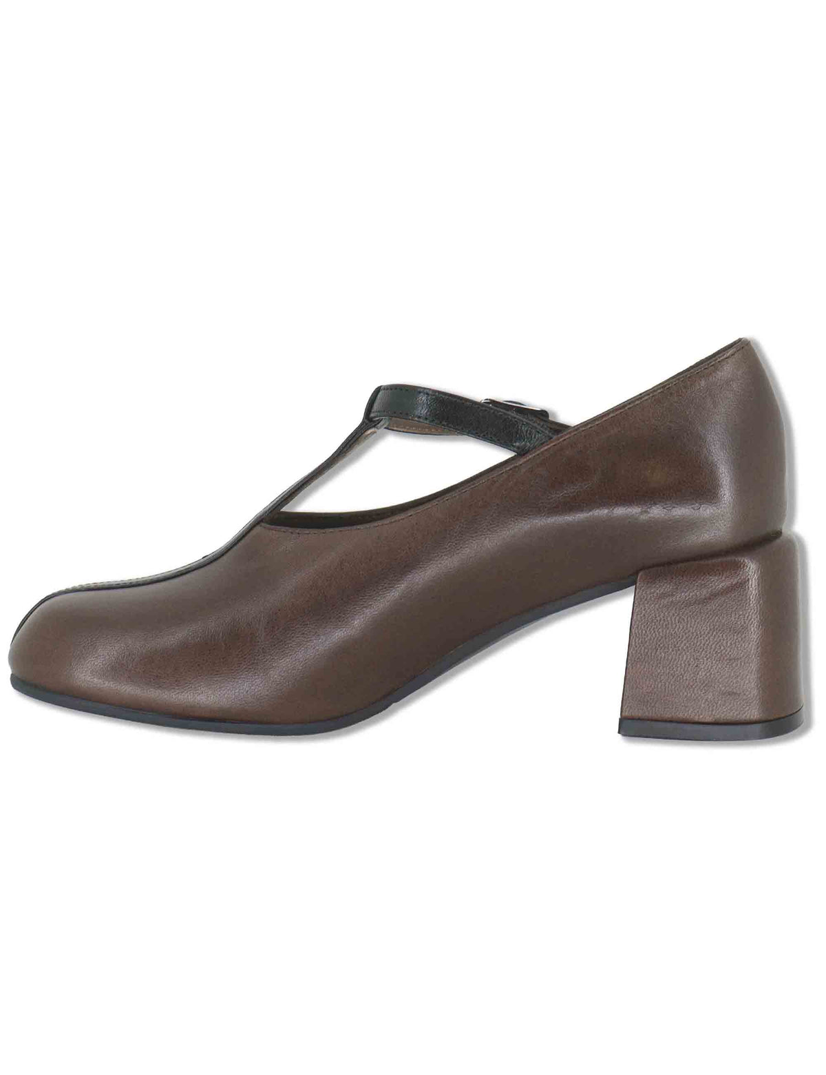 Decollete donna in pelle marrone con cinturino nero tacco fasciato e punta tonda SP2608 014 Spatarella 